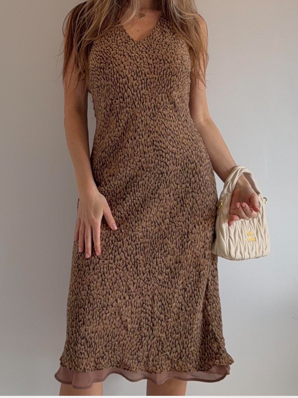 Ann Taylor Brown Patterned V-Neck Midi Dress
